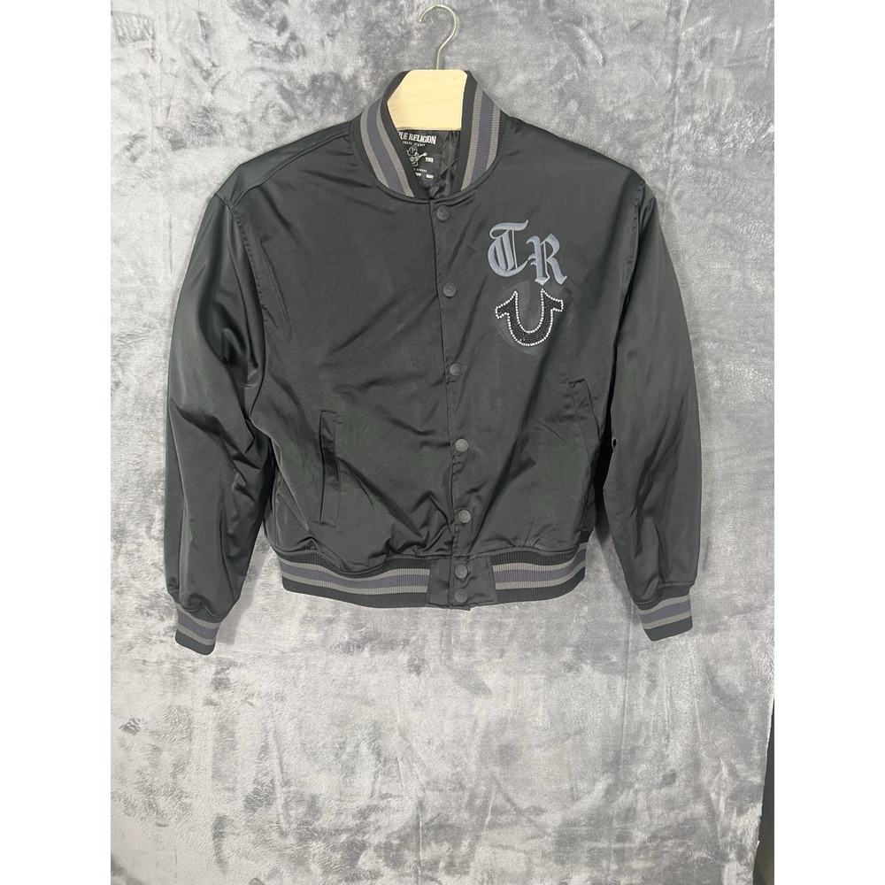 True Religion Mens Varsity Bomber Jacket Black Rhinestone Horseshoe Logo XL